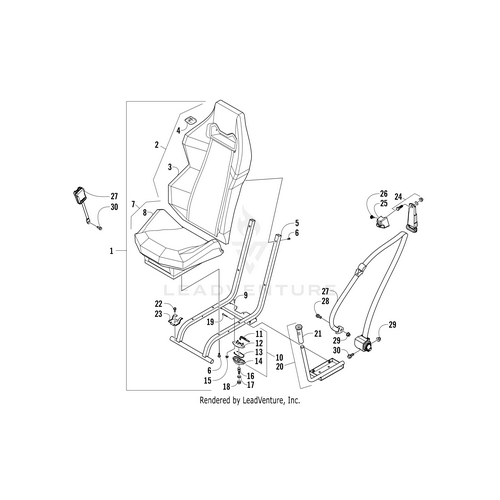 Diagram of a car seat assembly with labeled parts, including the Seat Belt - 3 Point by Arctic Cat, seat cushion, backrest, mounting frame, and bolts. Each part is numbered for reference; compatible with OEM Arctic Cat Parts.