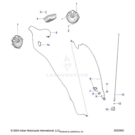 Exploded diagram of Harness Am/Fm Ant Hwlc by Polaris components, with individual numbered parts—like cables, OEM antenna unit, adapters, and Polaris factory components—shown with connecting lines on a white background.