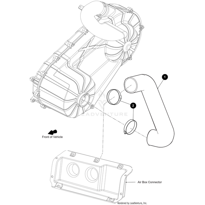 Line drawing of a CVT Inlet Hose by Arctic Cat, featuring the housing, connecting tube, and circular seals. Labels show Front of Vehicle and Air Box Connector—ideal for identifying Arctic Cat OEM parts.