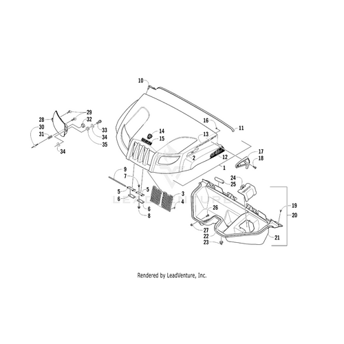 Exploded diagram of a vehicle’s front hood assembly, showing parts like the hood and fasteners—ideal for identifying OEM Arctic Cat parts or planning UTV decals, such as the Hood Decal - hdx - Left by Arctic Cat.
