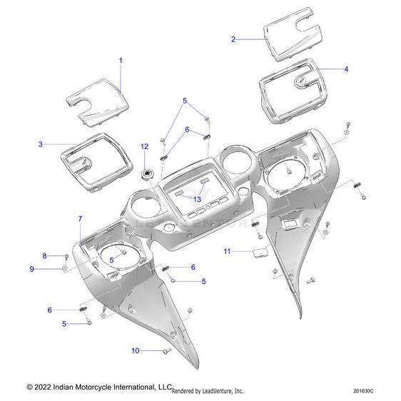 Exploded diagram of a motorcycle dashboard assembly with labeled parts—central console, side panels, fasteners—including Polaris OEM Dash Inner Sgry [Storm Gray] and other Indian Motorcycle OEM and Polaris OEM components.