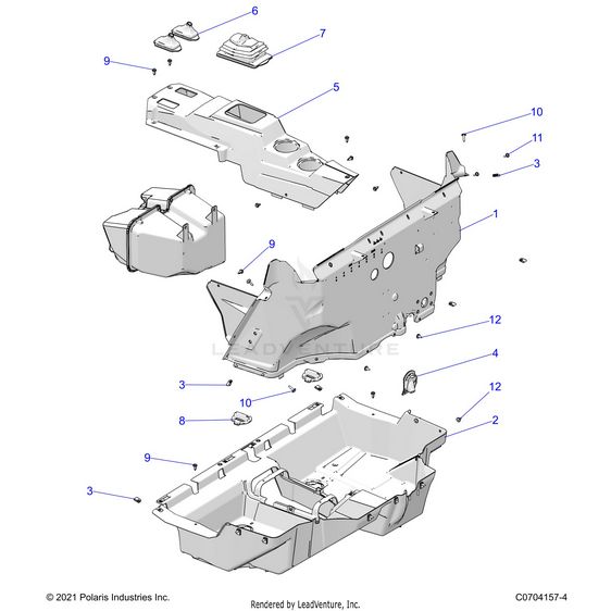 An Image of a Genuine Polaris Parts Schematic Diagram showing the schematic - BODY: FLOOR - 2023 POLARIS RZR XP 4 1000 PREMIUM RIDE COMMAND