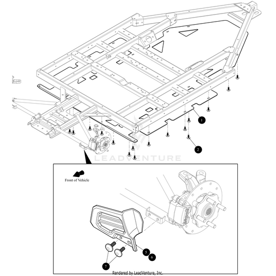 Black and white technical diagram showing a vehicle chassis with labeled screws and parts. An inset details a suspension or wheel assembly, highlighting its mounting—ideal for choosing the Skid Guard by Arctic Cat.