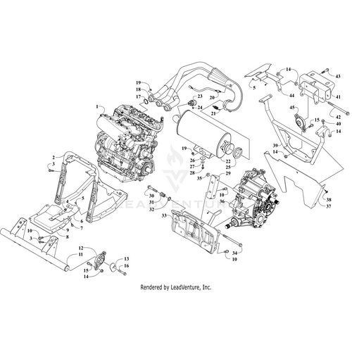 Exploded diagram of an engine assembly showing labeled parts, including Arctic Cat Wildcat components like the engine block, air intake, exhaust, frame parts, and the Rear Transaxle by Arctic Cat, each referenced by numbered labels.