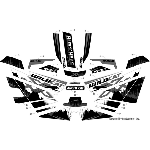The Hood Decal - Center - Mid Size Size Size - Right - 1000 by Arctic Cat is a black and white graphic kit featuring bold WILDCAT text, 1000 numbers, OEM logos, and tree/mountain silhouettes. Each hood decal piece is numbered for easy placement.