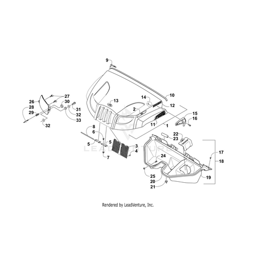 Exploded diagram of a vehicle hood assembly with numbered parts, featuring the OEM Arctic Cat Grill Screen - Black and other components for Arctic Cat Wildcat, Prowler, and Alterra models.