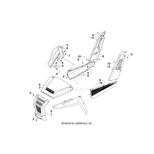 Exploded diagram with numbered labels shows motorcycle body panels, including the Side Lower Decal-Right (Lime) by Arctic Cat. Each part—side covers, seat, rear panel—is separated for easy identification and matches OEM-like detail.
