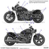 Two side-view illustrations of a black Indian motorcycle show numbered decal placement for Badge Vcover 999 Black | [Limited] by Polaris on the gas tank, fenders, engine, and exhaust, with arrows pointing to each OEM part and badge location.