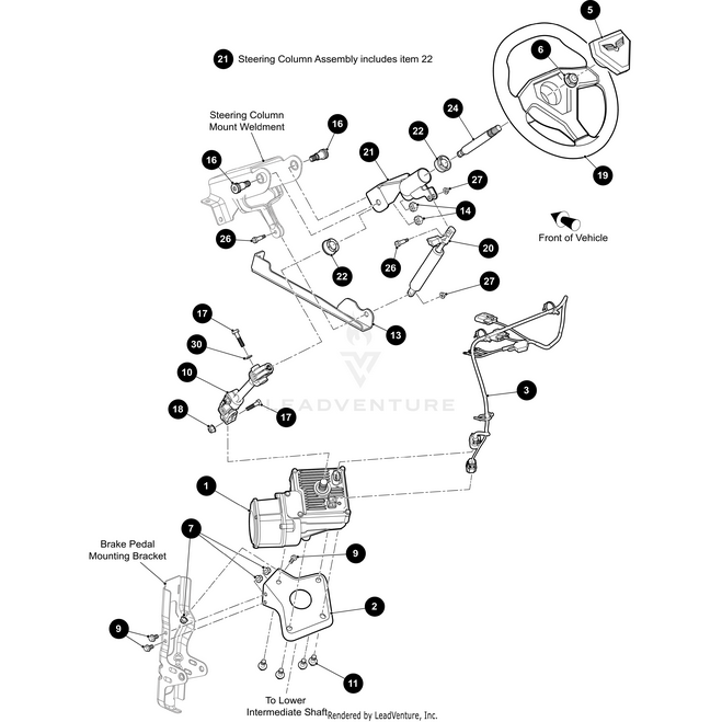 Exploded diagram of the Arctic Cat Steering Mounting Bracket, showing numbered OEM components like the steering wheel, shafts, brackets, and pedals with directional arrows and labels indicating their positions and connections.