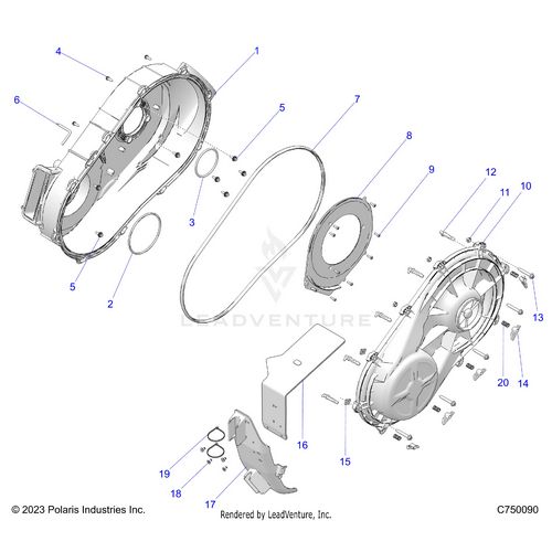 An Image of a Genuine Polaris Parts Schematic Diagram showing the schematic - DRIVE TRAIN: CLUTCH COVER INNER/OUTER - 2025 POLARIS RZR PRO R SPORT