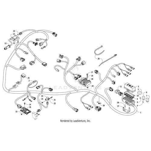 Black and white diagram of the Main Harness (Inc. 2-11) by Arctic Cat shows numbered connectors, cables, and components branching in multiple directions; ideal for OEM parts identification. Rendered by LeadVenture, Inc.