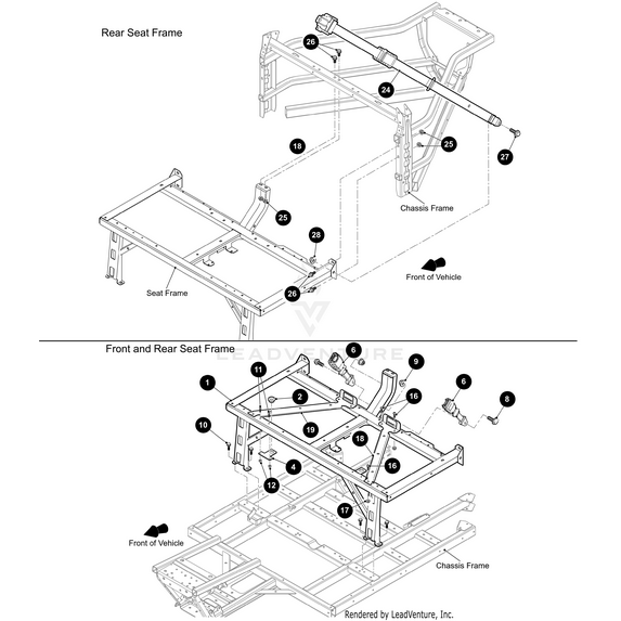 Exploded diagram of rear and front Seat Frame Black-Weld by Arctic Cat, with labeled components, arrows showing the front, and various chassis mounting points using OEM Arctic Cat parts.