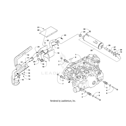 Diagram of the Arctic Cat Engine A950Gh2 (Inc. 2-3) with labeled parts—exhaust pipes, muffler, engine block, connectors, bolts, and covers; OEM Arctic Cat components are numbered for easy assembly or repair reference.