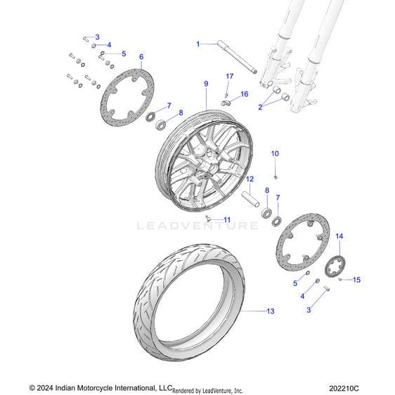 Exploded diagram of the Polaris Wheel Cast 19X3.5 Front Blackm [Black W/ Machining], showing OEM parts (Incl. 7, 8, 11, 12) for easy identification—includes tire, rim, brake discs, bolts, nuts, and forks.