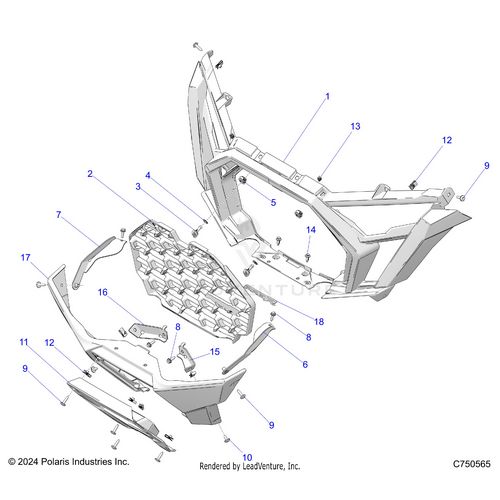 An Image of a Genuine Polaris Parts Schematic Diagram showing the schematic - BODY: FRONT BUMPER - 2025 POLARIS RZR PRO R FACTORY ARMORED LE ULTIMATE