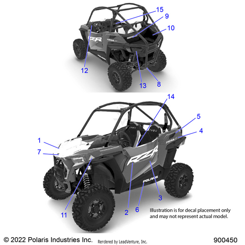 An Image of a Genuine Polaris Parts Schematic Diagram showing the schematic - BODY: DECALS - 2022 POLARIS RZR TRAIL 900 PREMIUM