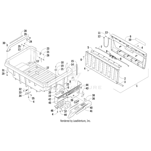 Exploded diagram of the Tailgate Assembly Desert Red (Inc. 2-9) by Arctic Cat, displaying labeled panels, bolts, brackets, and supports. Compatible with OEM parts in Arctic Cat Desert Red for your truck bed.