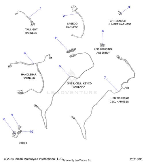 Diagram showing labeled motorcycle wiring harnesses and components, including taillight, speedo, CHT sensor jumper, handlebars, Antenna Ma220 Gnss Cell Keycd by Polaris, USB housing, OEM cell harnesses, and OBD II.