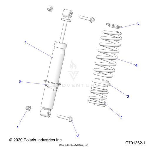 An Image of a Genuine Polaris Parts Schematic Diagram showing the schematic - SUSPENSION: REAR SHOCK - 2022 POLARIS RZR 900 TRAIL
