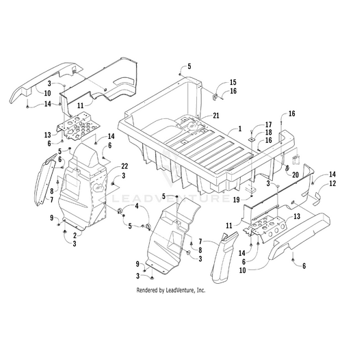 Exploded diagram of a vehicle’s cargo bed and interior trim parts, each labeled by number—perfect for assembly or repair with OEM Arctic Cat parts like the Tailgate Striker - Left by Arctic Cat.