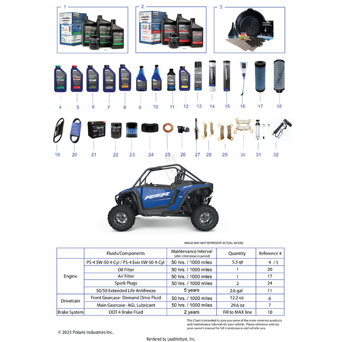 An Image of a Genuine Polaris Parts Schematic Diagram showing the schematic - *SERVICE AND MAINTENANCE PARTS LIST* - 2025 POLARIS RZR XP 4 1000 SPORT