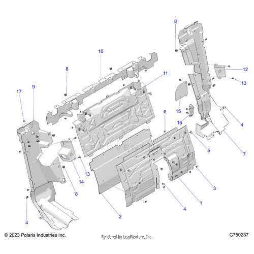 An Image of a Genuine Polaris Parts Schematic Diagram showing the schematic - BODY: REAR CLOSEOFF CENTER PANELS - 2025 POLARIS RZR PRO R FACTORY ARMORED LE ULTIMATE