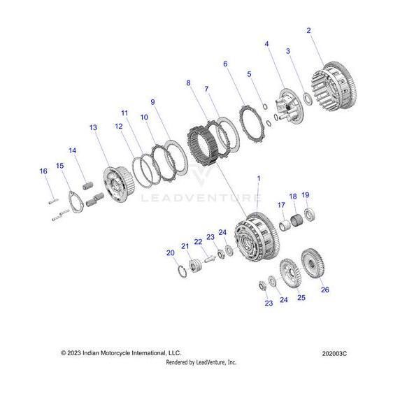 Exploded diagram of a motorcycle clutch assembly with 26 numbered components, including Disk Clutch Friction B by Polaris—ideal for identifying OEM parts and understanding the assembly’s fit and function.