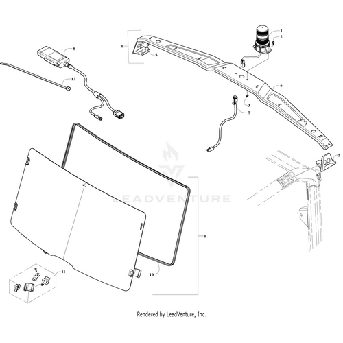 Exploded diagram of a vehicle’s Beacon Light by Arctic Cat, showing wiring, connectors, light unit, mounting bracket, window glass, and small parts. Numbered components make it easy to find OEM parts at Witchdoctors.com.