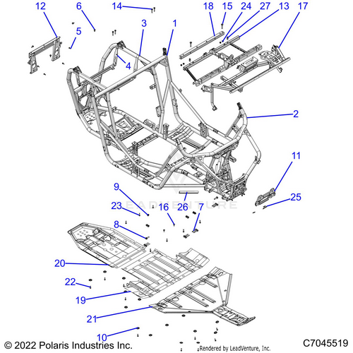 An Image of a Genuine Polaris Parts Schematic Diagram showing the schematic - CHASSIS: MAIN FRAME AND SKID PLATES - 2022 POLARIS RZR XP 1000 TRAILS & ROCKS