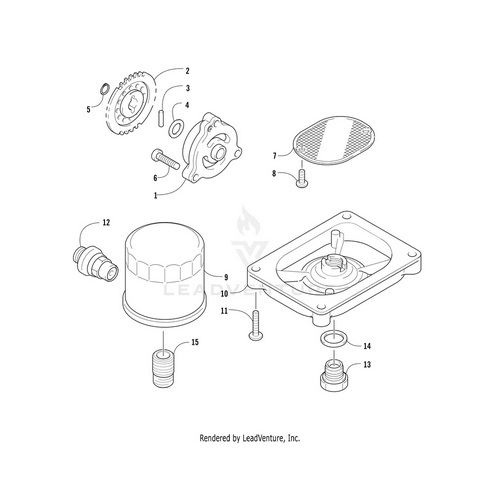 Exploded diagram of a mechanical assembly shows labeled parts, including gears, screws, a filter, housing, and the Driven Gear by Arctic Cat arranged separately to illustrate their order and placement within the device.