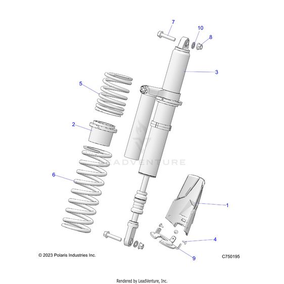 An Image of a Genuine Polaris Parts Schematic Diagram showing the schematic - SUSPENSION: REAR SHOCK & MOUNTING - 2025 POLARIS RZR PRO S 4 PREMIUM