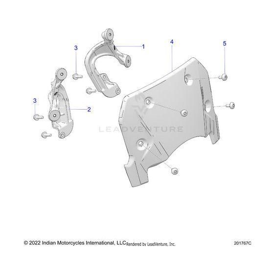 Exploded diagram of motorcycle parts: main shield, two bracket arms, five screws, all numbered. Shows the Number Plate Onyxblk/Grfx by Polaris. Labeled © 2022 Indian Motorcycles International, LLC.