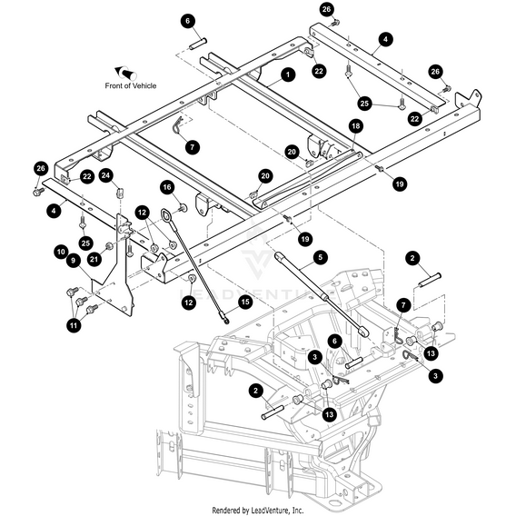 Exploded diagram of an Arctic Cat UTV chassis frame assembly with numbered components and labeled OEM parts, including cross members, brackets, and Screw Delta Pt Self Tapper M8X20 by Arctic Cat. Front of vehicle shown top left.