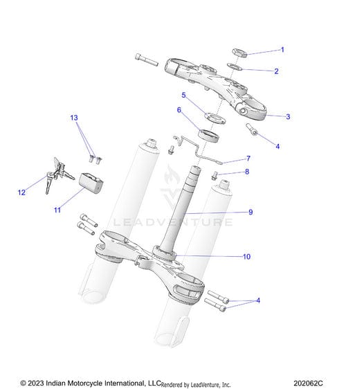 Exploded diagram of a motorcycle front fork assembly, featuring labeled parts such as the Clamp Triple Upper Sp Blackm by Polaris, triple clamp, bolts, and other OEM components clearly arranged for clarity.