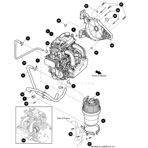 Black and white technical diagram of an engine assembly shows numbered parts, connecting pipes, a fan, a filter, and the Arctic Cat Oil Hose Scndry Return. Arrows show orientation; labels identify OEM Arctic Cat parts within the vehicle frame.