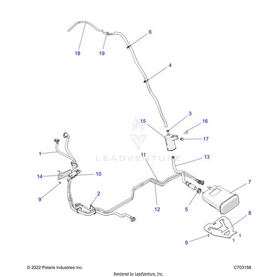 An Image of a Genuine Polaris Parts Schematic Diagram showing the schematic - FUEL: SYSTEM FUEL LINES EVAP - 2023 POLARIS RZR PRO R RIDE COMMAND