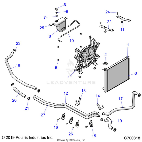 An Image of a Genuine Polaris Parts Schematic Diagram showing the schematic - ENGINE: COOLING SYSTEM - 2022 POLARIS RZR TRAIL S 1000 ULTIMATE