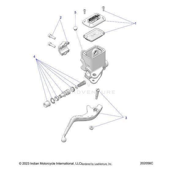 Exploded diagram of the Master Cylinder Front 15.87mm Black | [Incl. Body and 1 4] by Polaris for Indian Motorcycle, with labeled parts such as lever, reservoir, screws, seals, and OEM hardware numbered for reference.