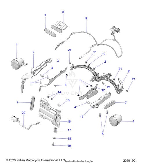 Exploded diagram of motorcycle handlebar controls and wiring, featuring the OEM Cover Harness Side Mount LH by Polaris. Each part, including handle grips, levers, switches, mirrors, and harnesses, is labeled for easy reference.