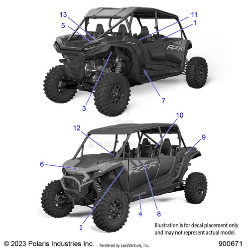 An Image of a Genuine Polaris Parts Schematic Diagram showing the schematic - BODY: DECALS - 2024 POLARIS RZR XP 4 1000 ULTIMATE