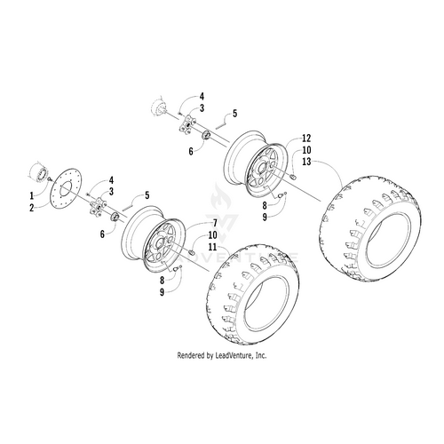 Exploded diagram of the Rear Wheel - Black by Arctic Cat illustrates the assembly of two wheels, labeling all components—tires, rims, bolts, nuts, washers, and axles—with numbers for easy reference.