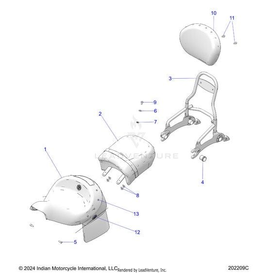 Exploded diagram of a motorcycle seat assembly displays labeled parts such as the main seat, passenger backrest, frame pieces, mounting hardware, and Polaris OEM part Screw Torx Btnhd M6X1.0 0600126—each numbered for easy identification.