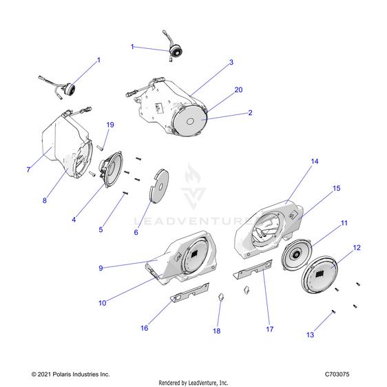 An Image of a Genuine Polaris Parts Schematic Diagram showing the schematic - ELECTRICAL: AUDIO SPEAKERS RIDE COMMAND - 2023 POLARIS RZR PRO R 4 RIDE COMMAND