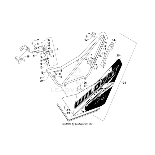 Exploded diagram of an Arctic Cat Wildcat’s side frame with labeled parts and a clear view of the Door Decal-Left (Wc X Ltd Mb) by Arctic Cat, showing components for easy OEM part identification or matching your new door decal.