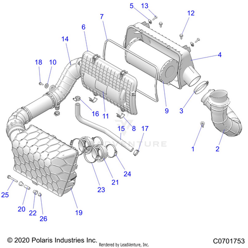 An Image of a Genuine Polaris Parts Schematic Diagram showing the schematic - ENGINE: AIR INTAKE SYSTEM - 2023 POLARIS RZR XP 1000 PREMIUM