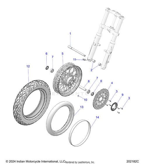 Exploded diagram of a motorcycle front wheel assembly with labeled OEM parts, including the fork, axle, Tire Front 130/90B16 73H R Crstc by Polaris, disc brake, and hardware—each separated and numbered for easy identification.