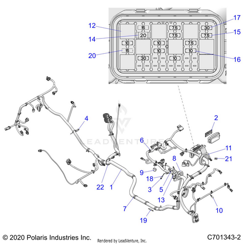 An Image of a Genuine Polaris Parts Schematic Diagram showing the schematic - ELECTRICAL: WIRE HARNESS - 2021 POLARIS RZR XP 1000