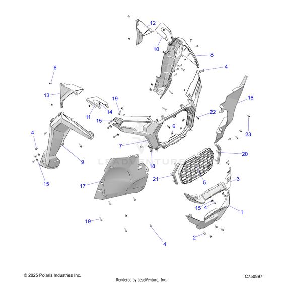 An Image of a Genuine Polaris Parts Schematic Diagram showing the schematic - BODY: FRONT FACIA GRILLE AND FLARES - 2026 POLARIS RZR XP 4 1000 SPORT