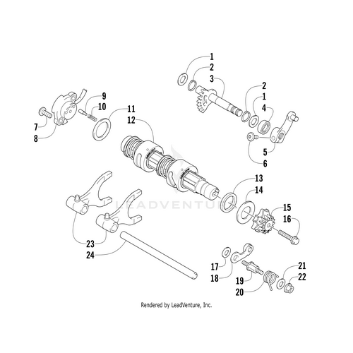 Exploded diagram of the Gear Shaft Shift-Sub Assembly by Arctic Cat, showing numbered gears, shafts, levers, and rings—perfect for identifying OEM parts arranged around a multi-grooved central shaft.