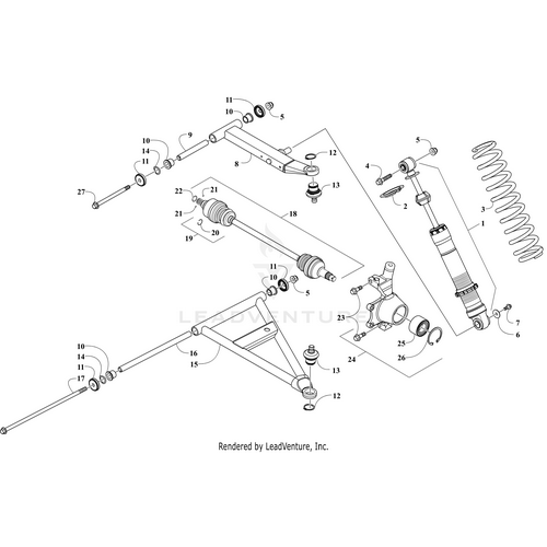 Exploded diagram of a car suspension system featuring labeled parts, including the Arctic Cat A-Arm - Lower Right (Inc. 10-14 And 16), shock absorber, springs, bolts, bushings, and connecting rods to show assembly order and placement.